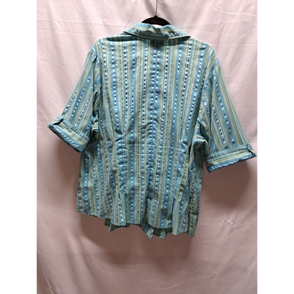 Early 2000 Y2K Lane Bryant Blue Green stripe summer button up collar shirt 22/24 - Picture 3 of 6